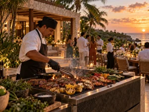Chef cooking steak, seafood and vegetables on a live grill for a private Tulum villa dinner