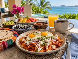 Mexican breakfast in Cancun with chilaquiles, eggs, beans, fresh fruit, tortillas, coffee and orange juice