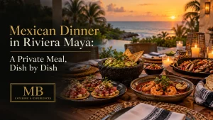 Mexican dinner in Riviera Maya served at a private villa table by the sea at sunset