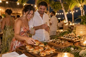 Late-night food service set up for a coastal wedding reception in Riviera Maya