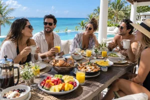 Oceanfront brunch with friends at a Cancún villa, featuring fruit, coffee and a relaxed morning-after atmosphere
