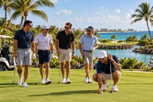 Group of friends playing golf on an oceanfront course near Cancun