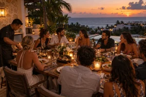 Friends enjoying a private sunset dinner together at an ocean-view villa in Playa del Carmen