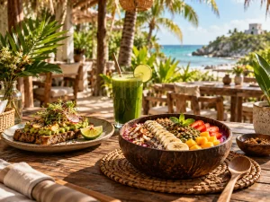 Plant-based breakfast with fruit bowl, avocado toast and fresh green juice at a Tulum café