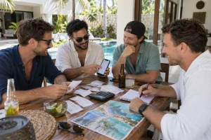 Friends planning a Playa del Carmen bachelor party together at a villa table