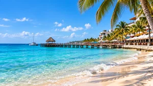 Beach and pier view near Playacar in Playa del Carmen as part of a 4 day Playa del Carmen itinerary