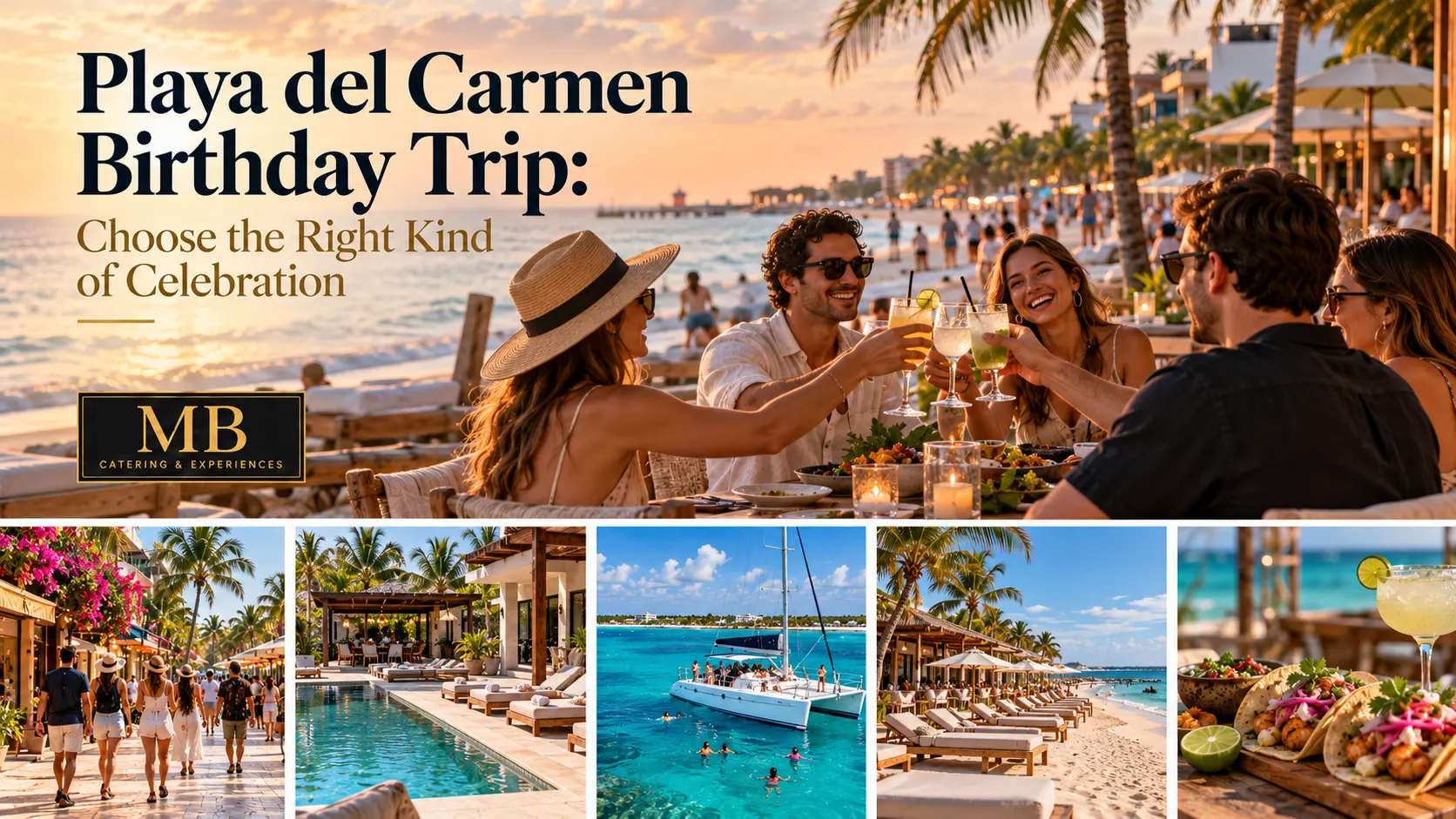 Playa del Carmen Birthday Trip banner showing a beachside celebration and sunset dinner with friends