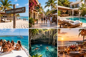 Collage of Playa del Carmen birthday ideas including beach time, villa stays, boat days, cenotes and sunset dinner