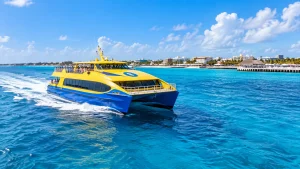 Passenger ferry travelling from Playa del Carmen across bright turquoise water toward Cozumel
