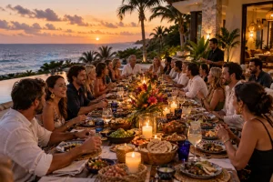 Playa del Carmen catering for large groups at a sunset celebration dinner overlooking the Caribbean