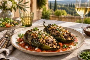 Roasted poblano peppers filled with lentils, mushrooms and rice