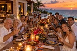 Poolside anniversary party in Cancún with cocktails, warm evening lighting and oceanfront scenery