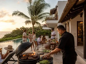 Poolside BBQ Playa del Carmen with a chef grilling steaks for guests at a private villa during sunset