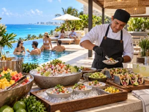 Poolside catering in Cancun with a chef serving fresh ceviche, tacos, fruit and guacamole beside a private villa pool
