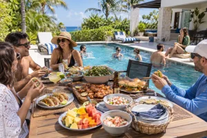 Friends enjoying tacos, grilled food, salads and fresh fruit during a poolside villa lunch