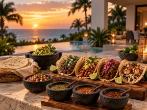 Premium taco spread with fresh tortillas, guacamole, salsas and assorted tacos at a Cancun villa