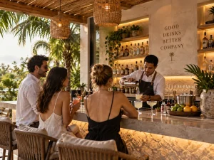 Private bartender preparing cocktails at a dedicated bar inside a luxury Tulum villa