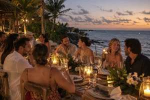 Private beachfront wedding ceremony with guests, tropical palms and an oceanfront reception area