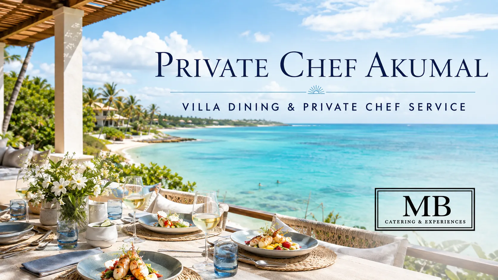 Private chef Akumal villa dining with a prepared seafood meal overlooking the Caribbean Sea