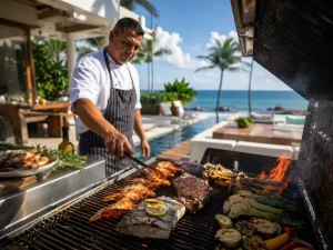 Private chef BBQ Playa del Carmen with steak, seafood and vegetables cooked fresh on the grill beside a villa pool