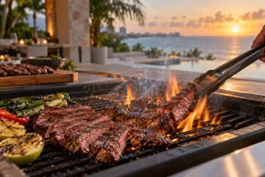 Private chef for birthday Cancun preparing grilled steak for a sunset villa dinner