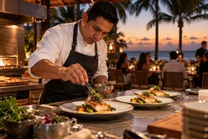 Private chef plating a fish course with vegetables for a corporate dinner in Riviera Maya