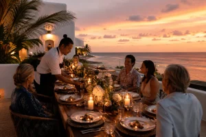 Private chef Isla Mujeres serving a sunset dinner to guests at an oceanfront villa