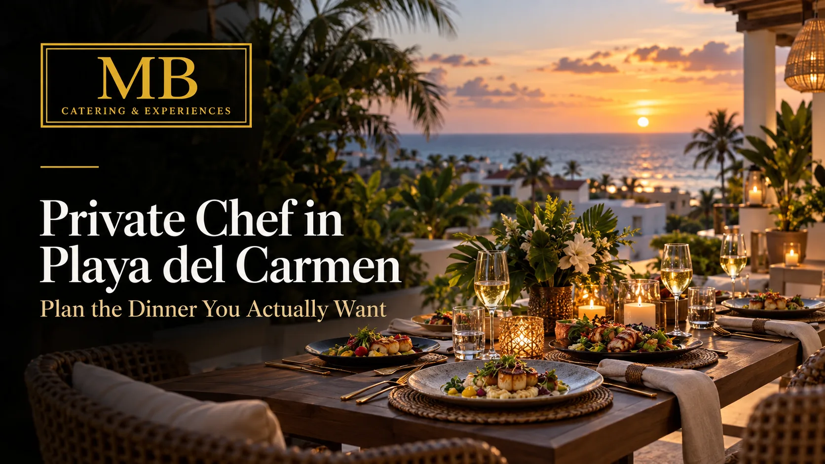 Private chef in Playa del Carmen dinner set at a tropical villa overlooking the Caribbean at sunset