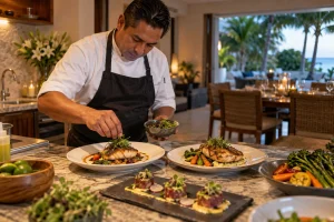 Chef presenting a freshly prepared seafood dish to guests at a Playa del Carmen villa