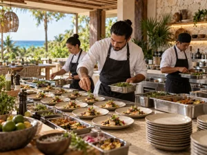 Private chef team preparing plated meals for a large villa catering event in Tulum