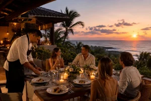 Private chef Akumal dinner served at sunset for guests dining at a beachfront villa