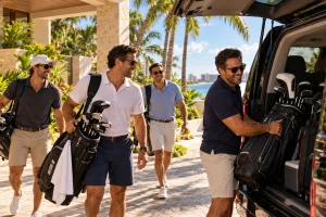 Friends loading golf clubs into private transportation before a golf day in Cancun