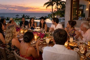 Graduate celebrating with friends and family around a sunset dinner table at a Cancún villa