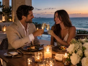 Private romantic dinner in Cancun with an engaged couple toasting with champagne beside the ocean