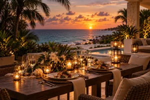 Private villa dining table prepared for an evening meal