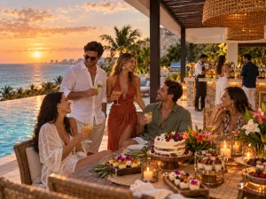 Private villa pool party in Cancun with cocktails, birthday cake and poolside food served at sunset
