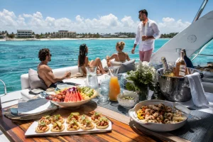 Private yacht catering in Playa del Carmen with fresh fruit, canapés, drinks and lunch served onboard