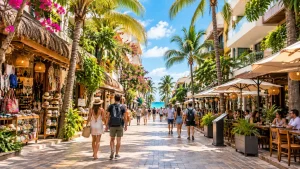 Visitors walking along Quinta Avenida in Playa del Carmen with shops, restaurants and palm-lined streets