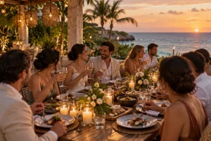 Beach wedding reception setup in the Riviera Maya with a long decorated dinner table at sunset