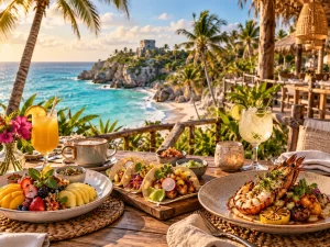 Beachfront dining in the Riviera Maya with seafood, tropical drinks and ocean views