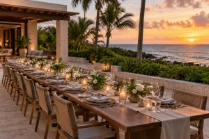 Oceanfront dinner table arranged for a professional group event in Riviera Maya