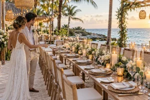 Reception table prepared for a wedding dinner beside the ocean in the Riviera Maya