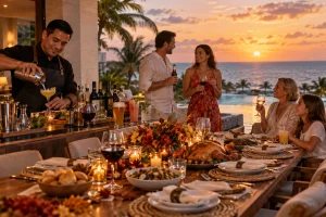 Roast turkey, sides and shared plates prepared for a Thanksgiving dinner in Cancun