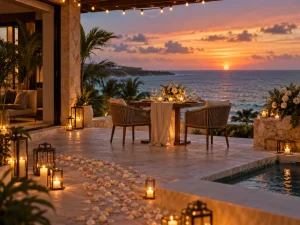 Romantic villa proposal dinner in Cancun with candles, rose petals and a private table prepared at sunset