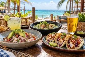 Fresh ceviche, aguachile and fish tacos served for lunch beside the Caribbean in Playa del Carmen