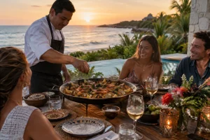 Guests enjoying Paella Catering in Riviera Maya around a shared sunset dinner table