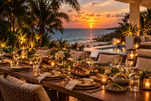 Shared dishes arranged along a table for a group dinner