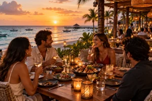 Friends enjoying grilled seafood and drinks during a sunset dinner by the beach in Playa del Carmen