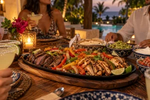 Grilled fajitas served family style by the sea for a private villa dinner