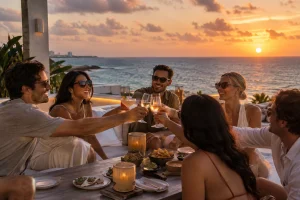 Friends sharing drinks and a sunset toast during a stylish Cancun birthday trip by the sea